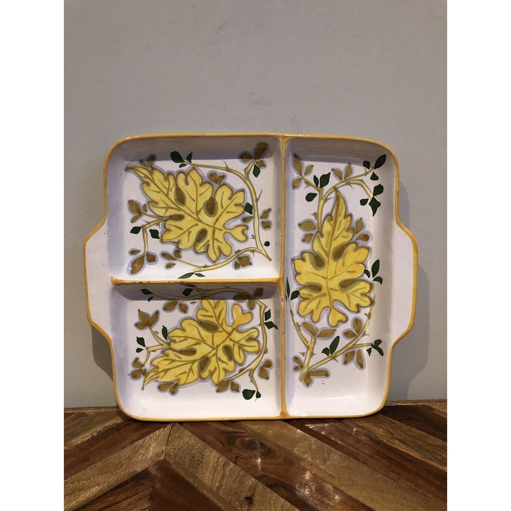 Square Ceramic Divided Tray With Handles, Made In Italy 6300/3, Yellow Leaves